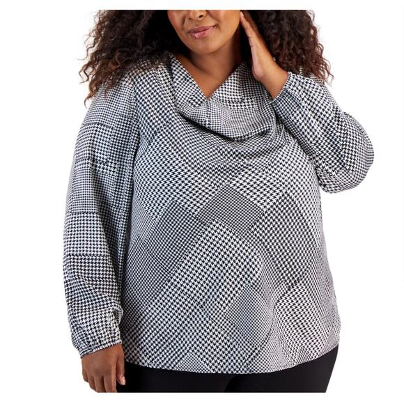 Kasper Women's Plus Long Sleeve Cowl Neck Blouse Top in Black White Houndstooth - Picture 1 of 5